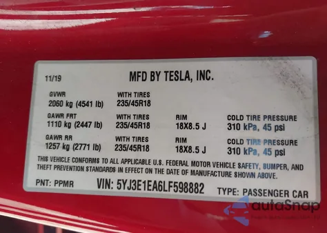 2020 Tesla Model 3 Standard Range Plus Rear-Wheel Drive/Standard Range Rear-Wheel Drive from USA, damaged, VIN 5YJ3E1EA6LF598882